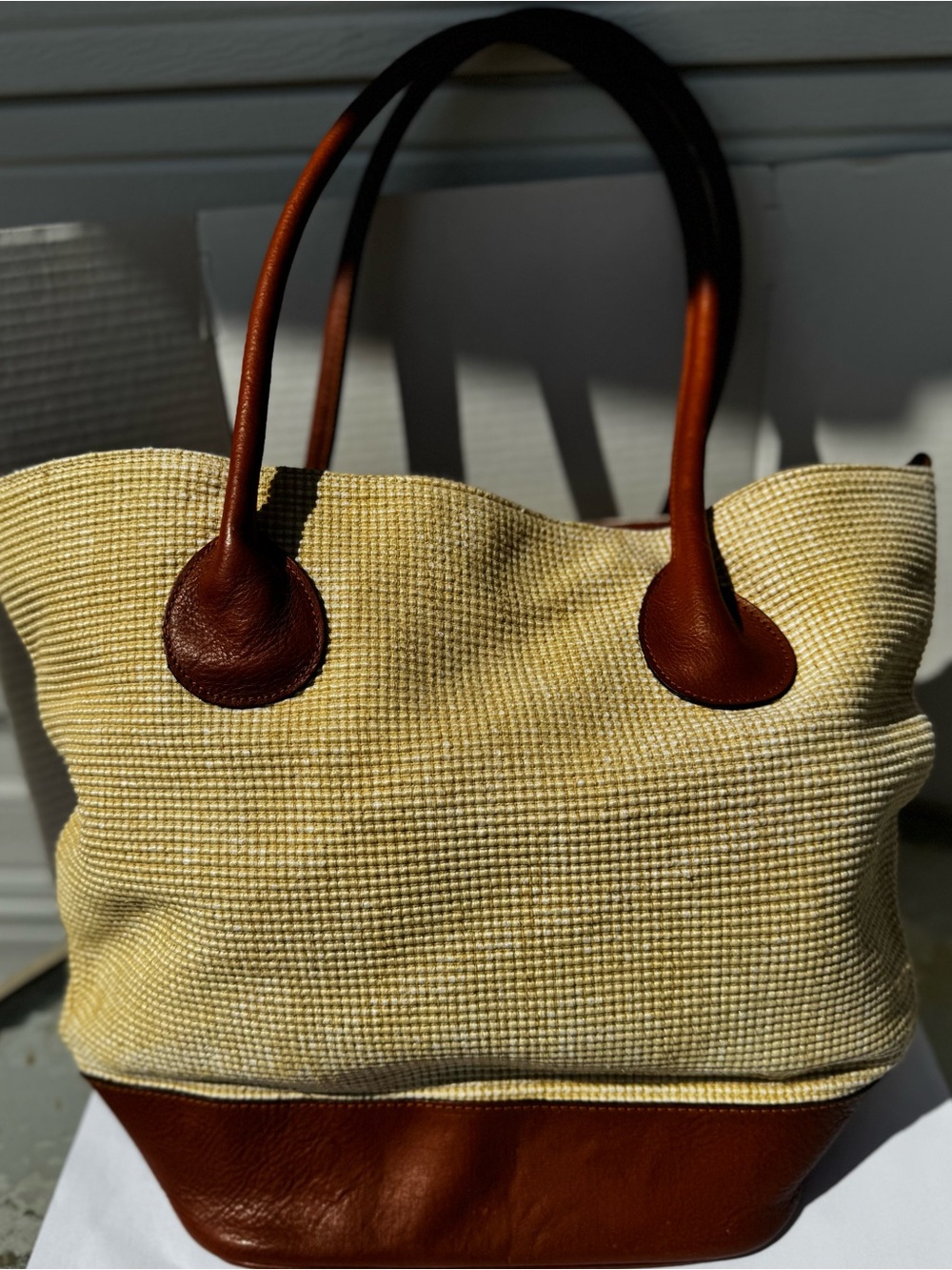 Made in Italy Classic Two-Tone Straw and Leather Tote - Cream and Brown